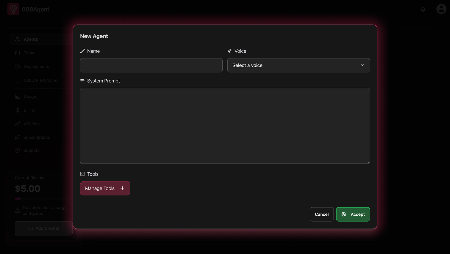 Agents Dashboard — Pop-up