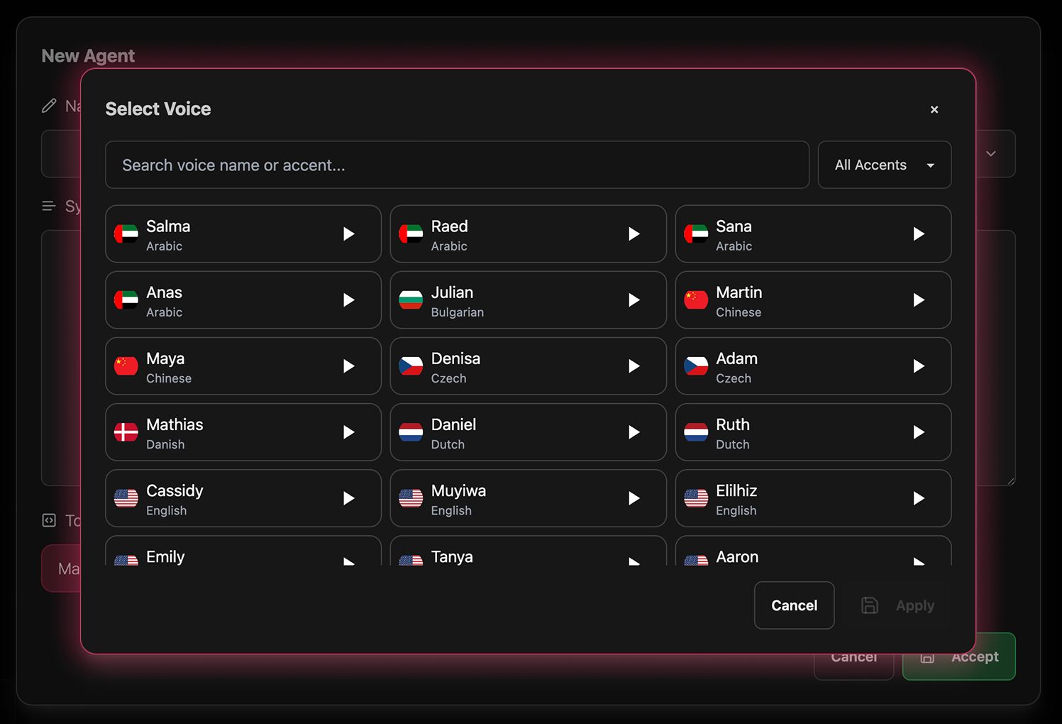 Agents Dashboard — Voice Selection